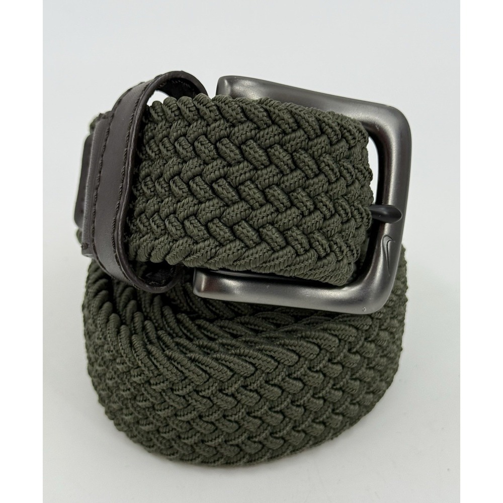 Nike G-Flex Stretch Braided Belt Olive Green Brown & Leather Trim Mens L/XL43.5"